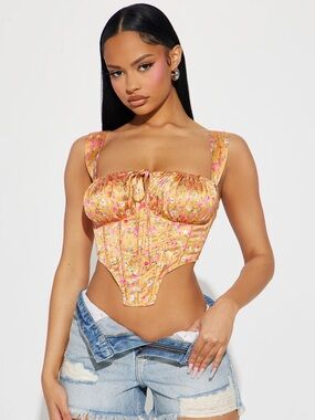 Floral Satin Bustier Top in Golden Mustard and Pink